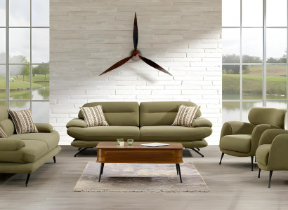 Grüne Stoff-Sofagarnitur mit Holzrahmen modern und stilvoll