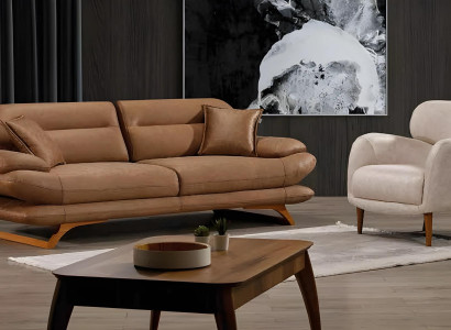 Moderner brauner Kunstleder Wohnzimmer Set 3+1 Sofa und Sessel