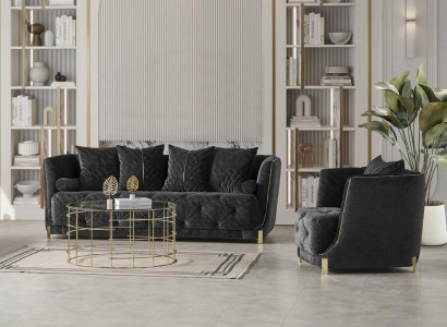 Luxus 2tlg Wohnzimmer Set Sofa 3-Sitzer Sessel Modernes Design Couch Schwarz