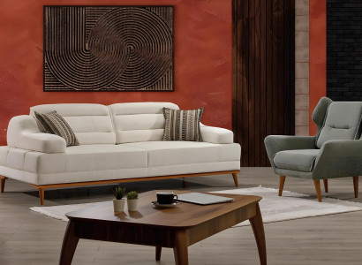 Moderne weiße Stoffsofa- und Sessel-Garnitur aus Holz