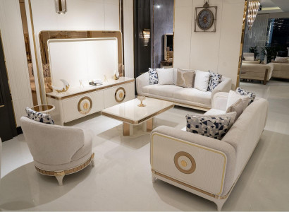 Elegantes Stoff-Sofa-Set in Beige mit Holzdesign für modernes