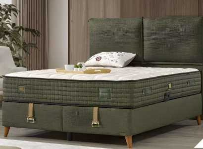 Grünes Holz-Textil Bett mit Matratze modern und stilvoll