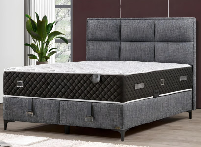 Elegantes graues Bett mit Matratze aus Holz und Textil