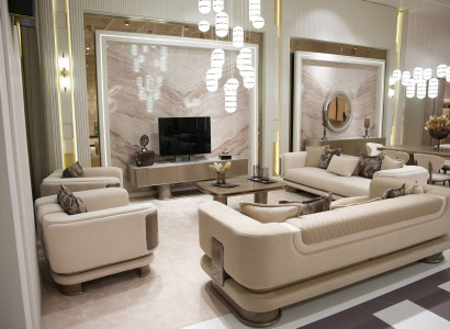 Modernes Wohnzimmer-Set aus Stoff in Beige mit Holzoptik
