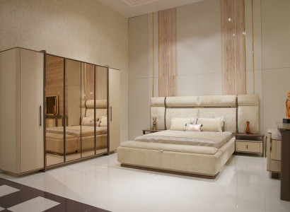 Elegantes Schlafzimmer-Set aus Holz in Beige mit Bett, Kleiderschrank