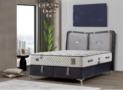 Elegantes graues Bett mit Matratze aus Holz und Textil