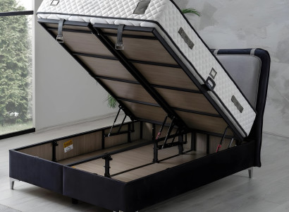 Graues Holz- und Textilbett im modernen Design