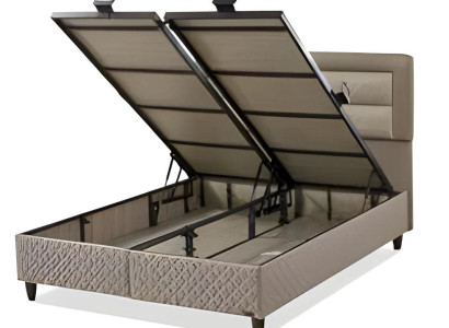 Elegantes Bett aus Textil und Holz in Beige für modernes Schlafzimmer