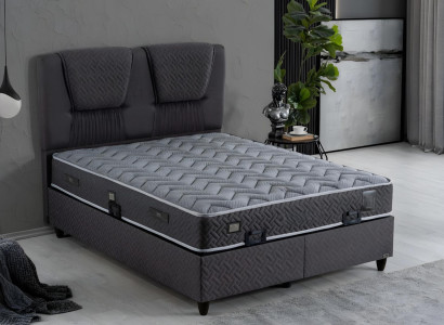 Elegantes graues Bett mit Matratze aus Textil und Holz