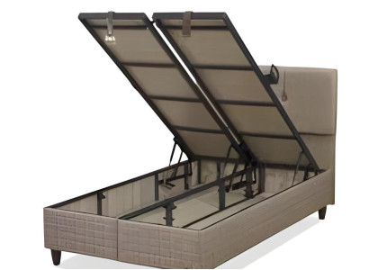 Braunes Textil-Holz Bett im eleganten Design