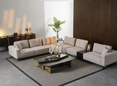 Beiges Ecksofa L-Form, 8-teilig, Modern, Mit Kissen, Couchtische