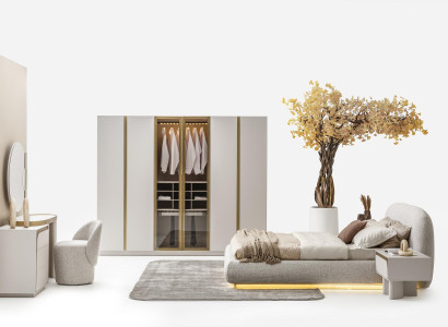 Schlafzimmer Set Bett 2х Nachttische Schminktisch Spiegel Hocker Modern 7tlg