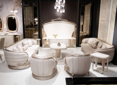 Wohnzimmer-Set aus Holz und Textil in Beige, modern, stilvoll