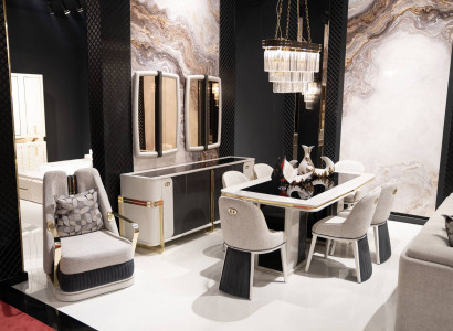 Elegantes weißes Esszimmer-Set mit Holz und Textil für stilvolle