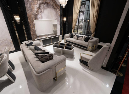 Moderner grauer Stoff-Sofa-Set mit Holzrahmen und eleganten Design
