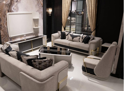 Elegantes graues Sofa-Set aus Textil mit Holzrahmen und modernem