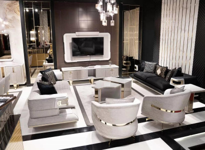 Elegantes weißes Sofa-Set aus Stoff mit Holzdetails für modernes