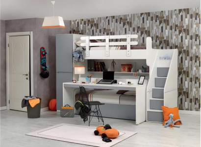 Kinderzimmer-Set Weiß aus Holz mit Etagenbett, Schreibtisch