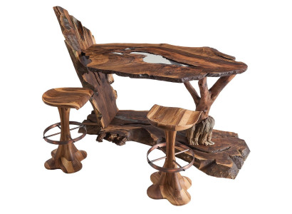 Moderner brauner Holz-Bartisch mit Hockern Set