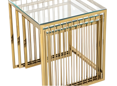 Eleganter Beistelltisch aus Edelstahl in Gold mit transparentem Design