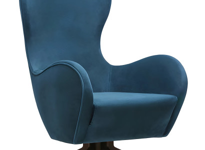 Blauer Stoffsessel modern elegant mit Holzrahmen