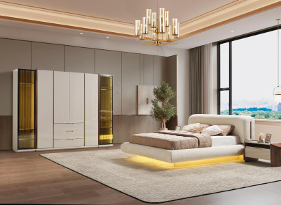 Elegantes Schlafzimmer-Set aus Holz in Beige mit Bett, Kleiderschrank