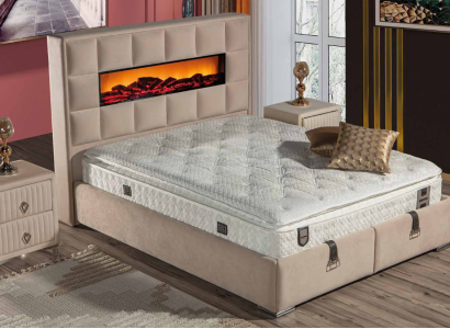 Elegantes Bett mit Matratze in Beige aus Textil und Edelstahl