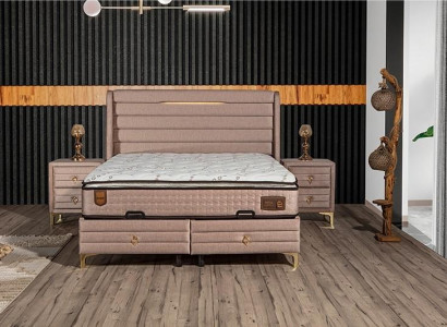 Elegantes Bett mit Matratze in Beige aus Textil und Edelstahl