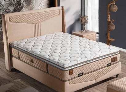 Elegantes Bett mit Matratze in Beige aus Holz und Textil