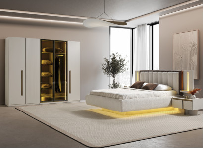 Elegantes Schlafzimmer-Set aus Holz in Beigetönen mit modernem Design