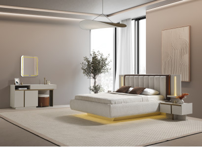 Elegantes Schlafzimmer-Set aus Holz in Beige mit Bett, Schminktisch