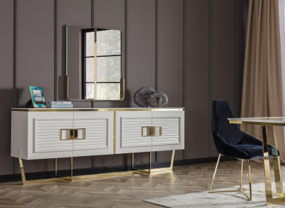 Elegantes weißes Sideboard mit Spiegel aus Holz, Metall und Glas