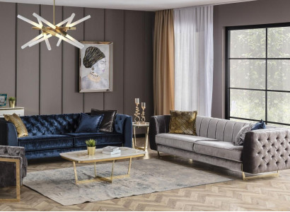 Elegantes 2-tlg. Wohnzimmer Set aus Textil in Blau und Grau