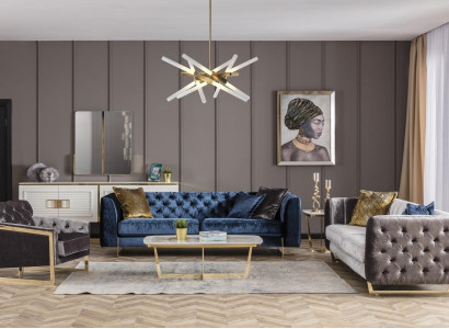 Elegantes Wohnzimmer Set aus Textil in Blau und Grau