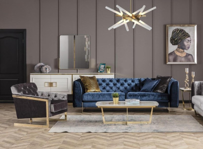 Modernes Wohnzimmer Set aus Textil in Blau-Grau