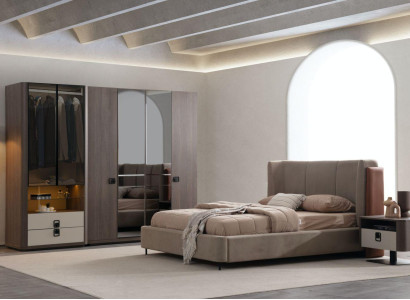 Schlafzimmer-Set Braun Holz Modern mit Bett, Kleiderschrank