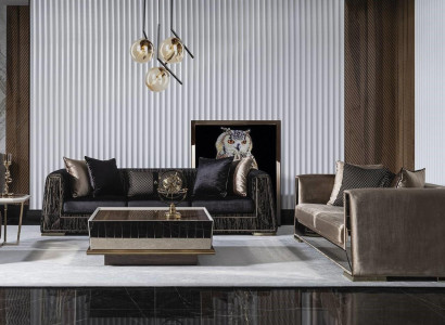 Elegantes schwarzes und braunes Wohnzimmer Set aus Holz und Textil
