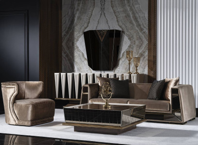 Elegantes braunes Wohnzimmer Set aus Textil und Holz