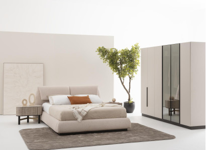 Schlafzimmer-Set aus Holz und Textil in Beige, modern und elegant