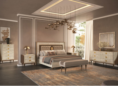 Modernes Schlafzimmer-Set 7 tlg ( Bett+Bank+2x Nachttisch+2x Kommode+Spiegel)