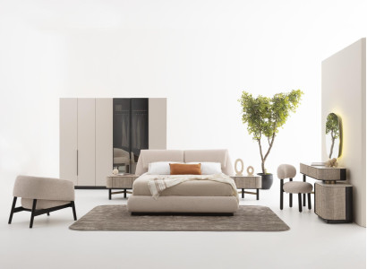 Schlafzimmer Set in Beige aus Holz, Textil und Glas, modern