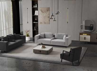 Modernes Wohnzimmer-Set aus grauem Stoff mit Holzrahmen
