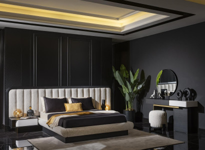 Elegantes schwarzes Holz-Möbelset für Schlafzimmer mit Bett