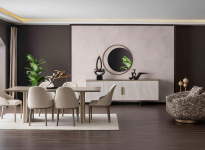 Esszimmer-Set mit Tisch, 6 Stühlen, Sideboard und Spiegel