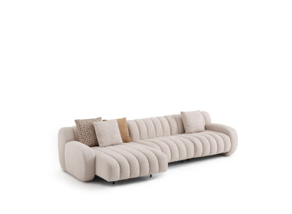 Elegantes beige L-Form Ecksofa aus Textil und Holz
