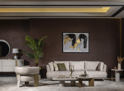 Moderner Beigefarbener Wohnzimmer Set aus Textil und Holz