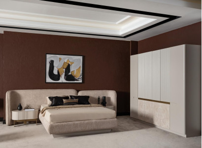 Modern Beigefarbene Holz-Möbelset für Schlafzimmer mit Bett