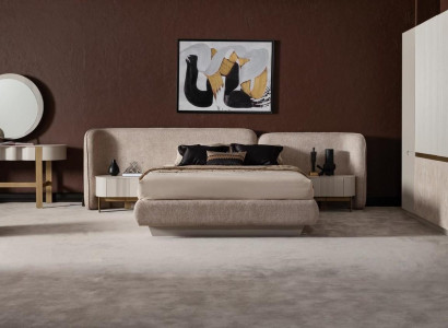 Elegantes Beiges 3-teiliges Schlafzimmer-Set aus Holz und Textil