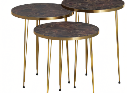 Elegantes braunes Couchtisch-Set aus Holz und Edelstahl