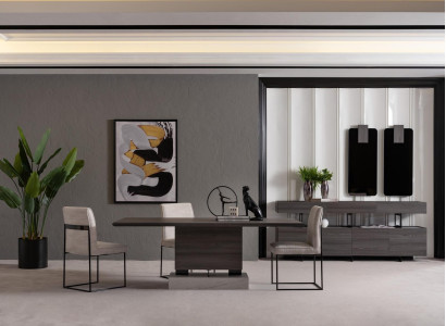Elegantes 7-tlg. Esszimmer Set aus Holz und Glas in Grau und Braun